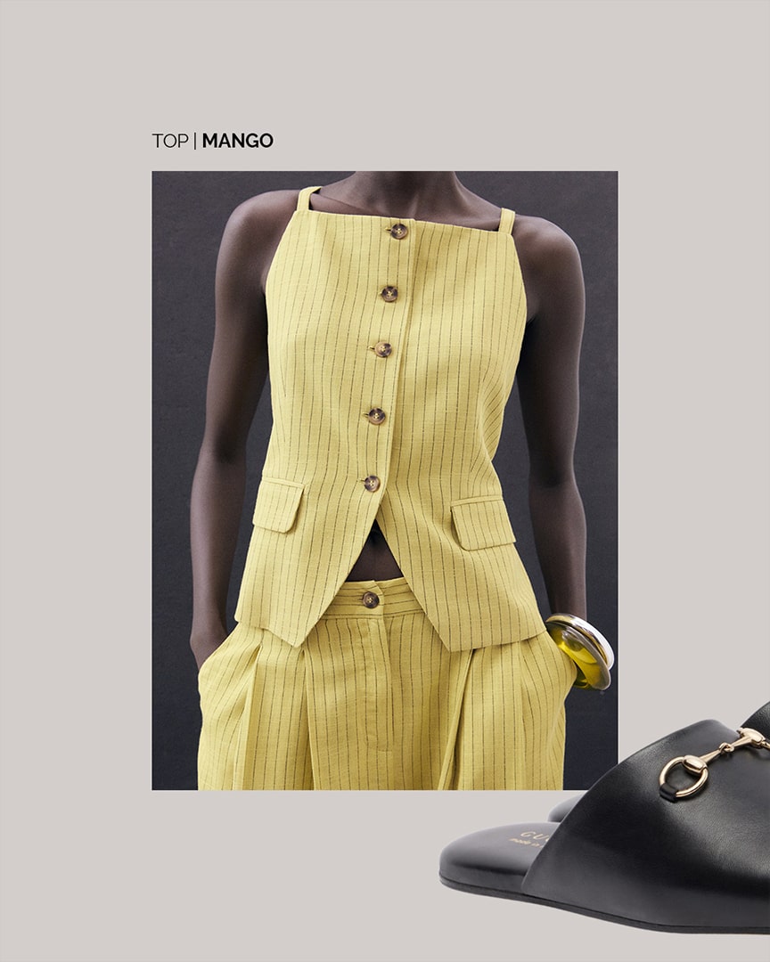 Mango Buttons Striped Top and Gucci Horsebit Leather Mules, capsule wardrobe essential for women and quiet luxury work outfit