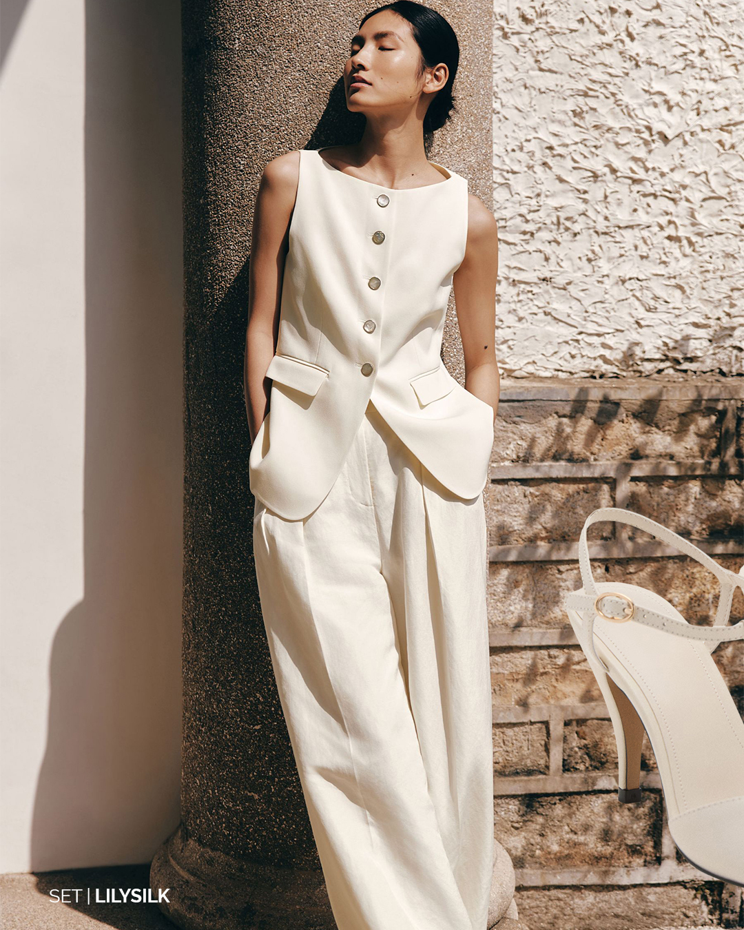 Lily Silk Sleeveless Button Up Silk Vest, refined capsule wardrobe essential for work and travel