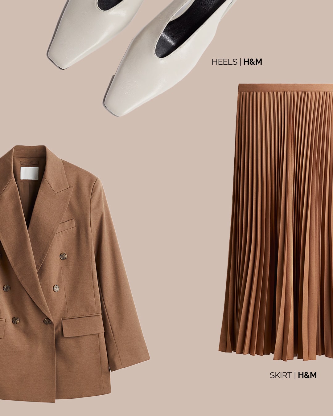 H&M heeled slingbacks styled with pleated skirt and tonal blazer