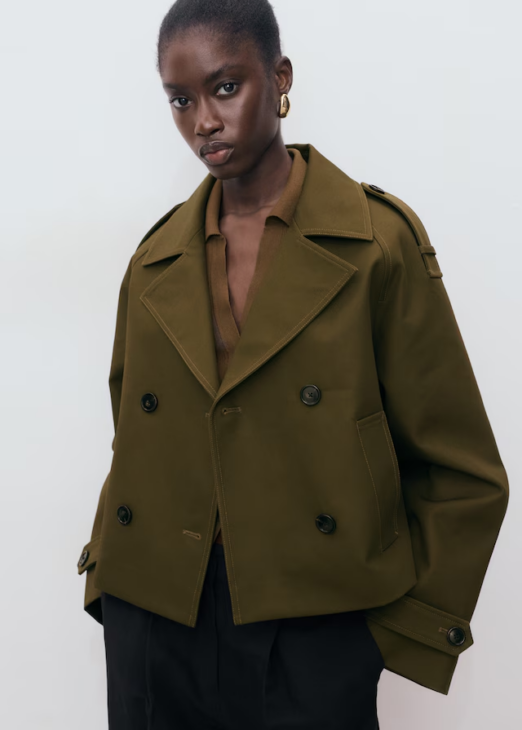 Modern Muse short trench coat outfit in olive green with oversized tailoring for fall styling