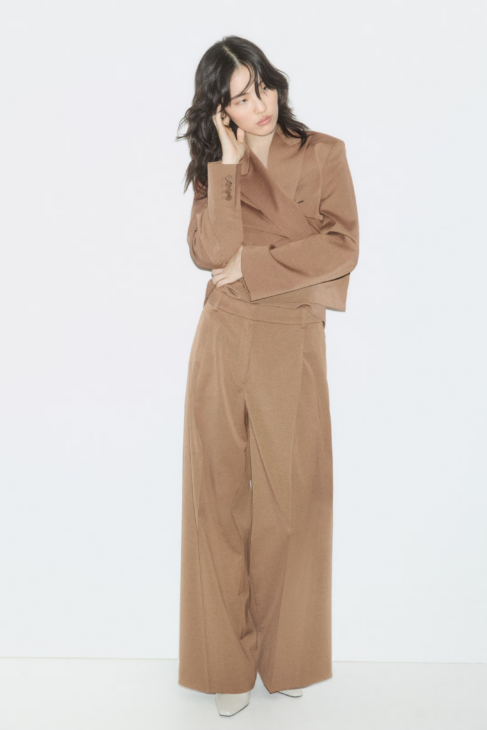Modern Muse tailored trousers in neutral brown styled for modern fall outfits