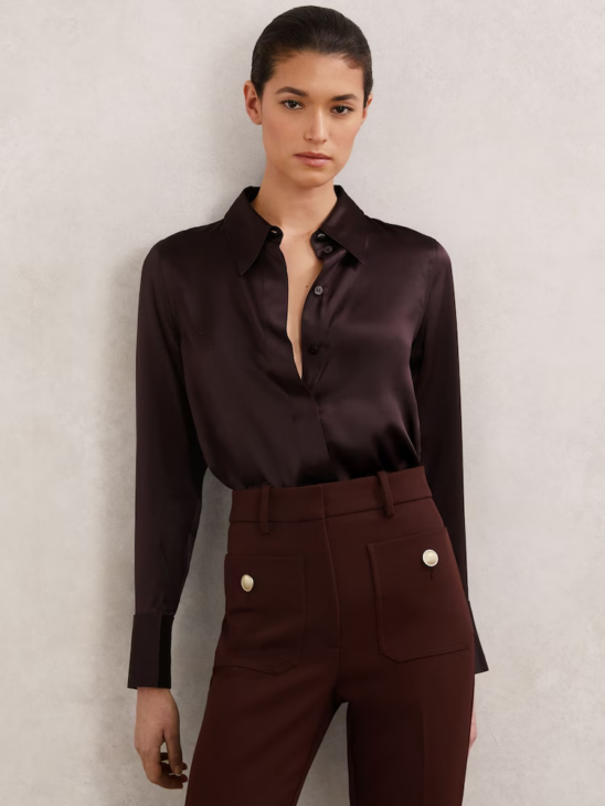 Silk-satin shirt styled for refined winter elegance