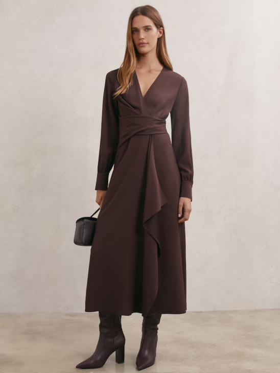 Wrap front midi dress in deep tone styled for refined winter elegance