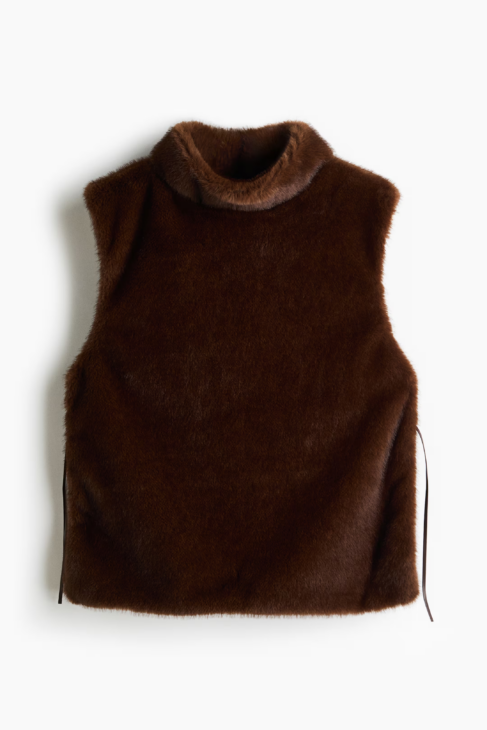 Sleeveless turtleneck top in brown styled for the Winter Elegance Edit
