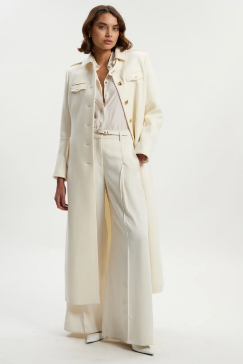 Structured maxi coat in winter white tone for refined winter outfits