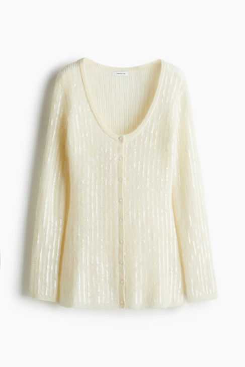 Textured mohair cardigan in soft winter white adding subtle contrast