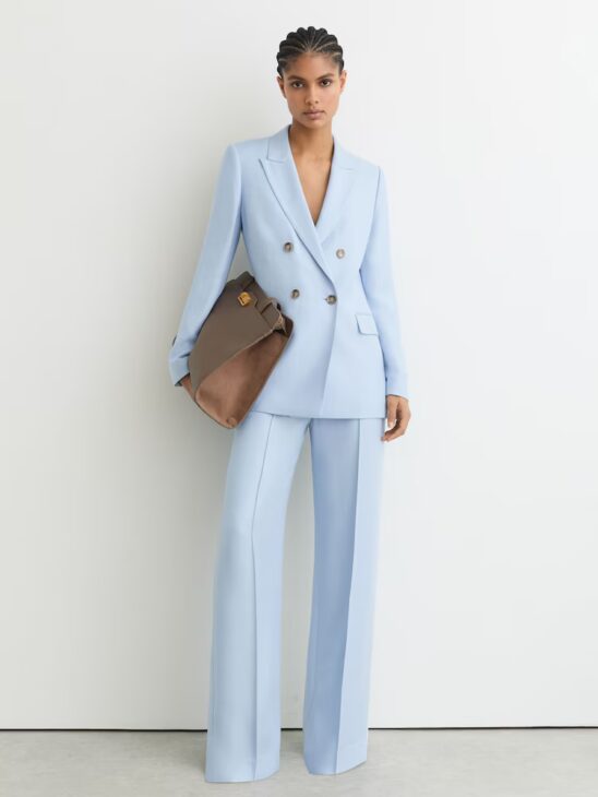 blue tailored blazer from Reiss in a monochrome outfit for an effortless chic look