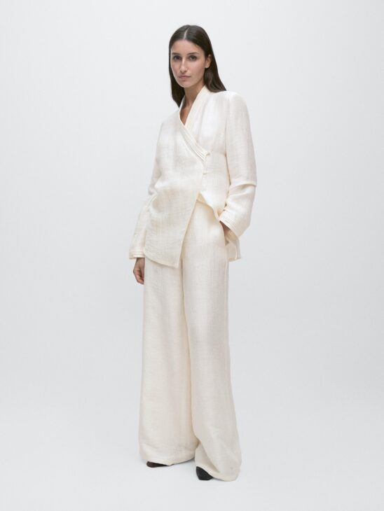 neutral linen blend trousers from Massimo Dutti in a monochrome outfit