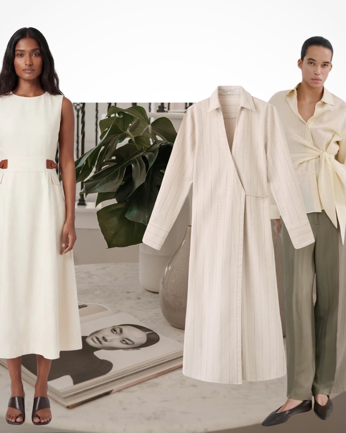 Elegant modest outfits for warm days with striped silk shirt over white midi dress neutral bag and sandals