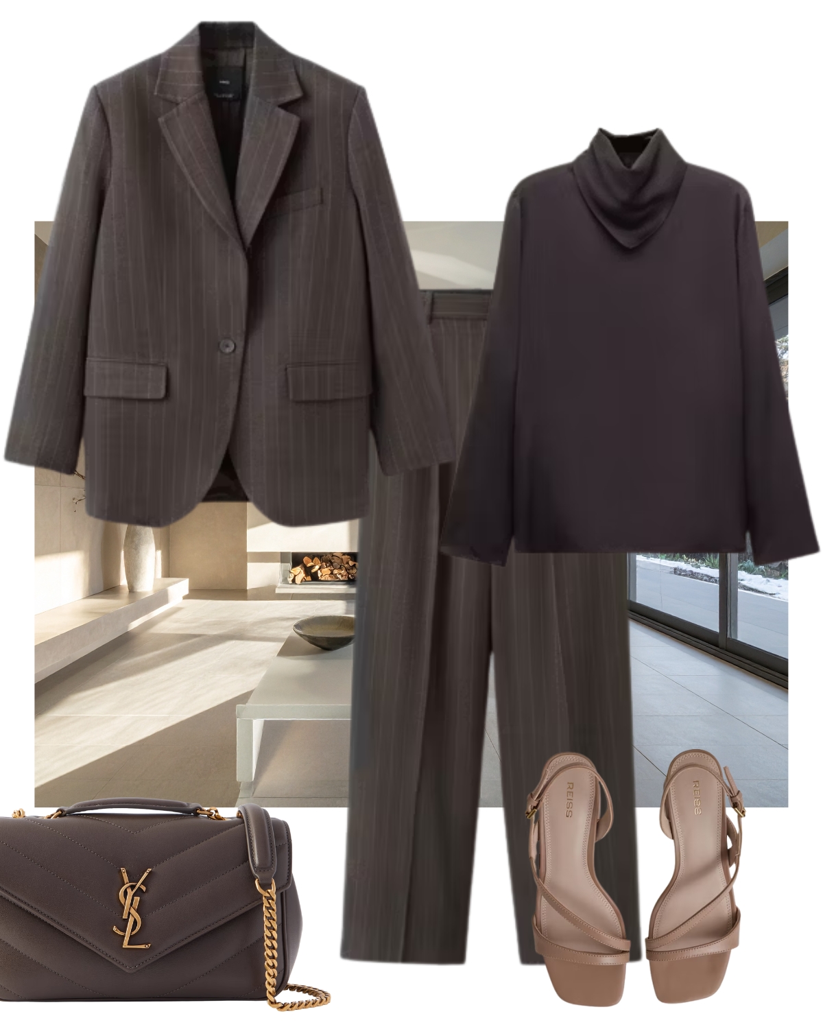 Monochrome outfit featuring espresso tailoring, a quilted shoulder bag and neutral sandals in a refined quiet luxury style